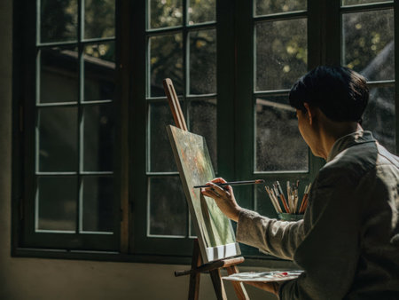 A focused artist diligently applies paint to a canvas at a wooden easel, illuminated by natural light streaming through large windows and a serene outdoor view.の素材