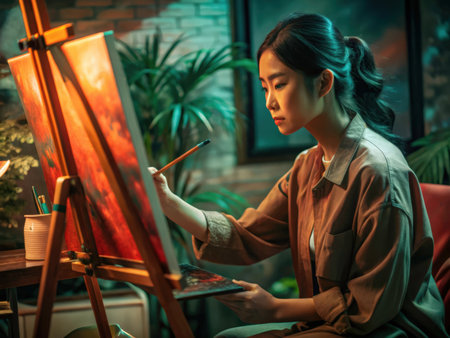 An individual deeply immersed in painting, seated at an easel amidst a serene, nature-filled room. The image captures a moment of artistic concentration and the beauty of creative expression.の素材