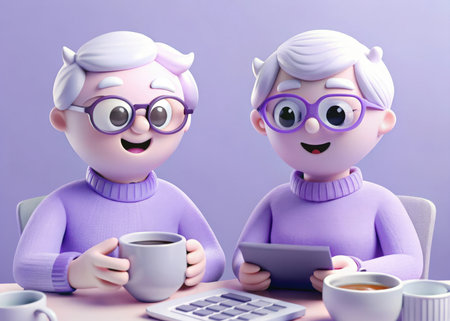 Couple of children using digital tablet and drinking coffee. 3d rendering.の素材