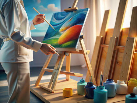 A focused artist meticulously applies vibrant colors to a canvas, embodying the process of artistic expression and creative immersion. The image evokes a sense of calm and concentration within a beautiful studio setting.の素材