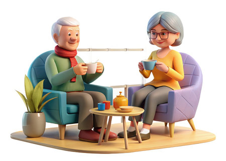 Elderly couple sitting in armchairs and drinking tea isolated on white backgroundの素材