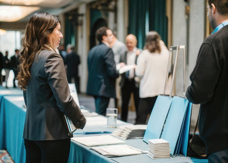 selective focus of businesswoman holding papers and talking with colleague at conference hallの素材