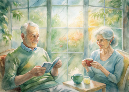 Happy senior couple reading a book and drinking coffee at home. Vintage painting.の素材