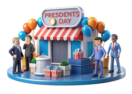 3D rendering of a shop with people and balloons isolated on white backgroundの素材