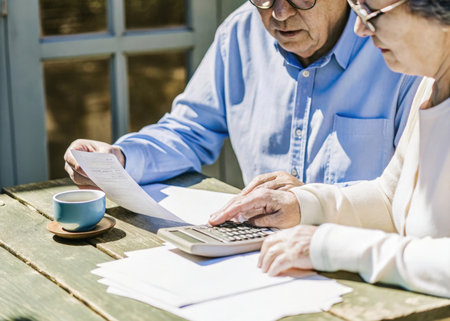 Senior Couple Calculating Invoice Bills Using Calculator Togetherness Conceptの素材
