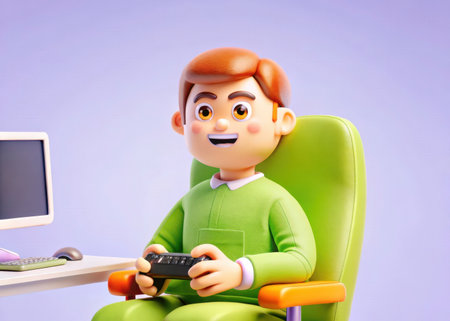 A cheerful young boy with brown hair and glasses sits at a computer, holding a remote control and displaying a bright, engaging image on the monitor. The image evokes a sense of fun and interaction, perfect for digital content.の素材