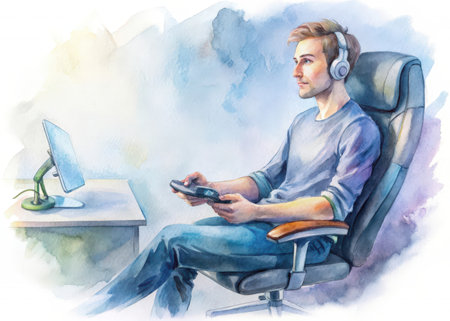 A young individual enjoys a moment of leisure while immersed in digital entertainment. The image showcases a calm and comfortable gaming setup within a stylish office environment, perfect for conveying relaxation and focus.の素材