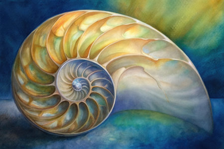 Spiral shell on watercolor background. Hand drawn illustration.の素材