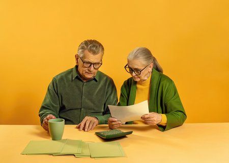 Senior couple calculating their bills with calculator and cup of coffee on yellow backgroundの素材