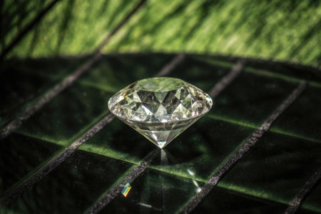 Close up of a diamond on a green background. Shallow depth of field.の素材