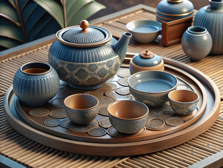 A beautiful, meticulously arranged set of traditional Chinese porcelain tea utensils rests on a rustic wooden surface, creating a serene and inviting scene. The intricate floral designs and natural textures evoke a sense of calm and cultural heritage.の素材