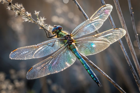Beautiful dragonfly sitting on a blade of grass in the sunの素材