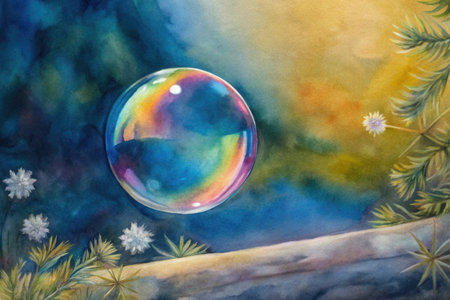 Watercolor painting of a soap bubble on the background of winter landscape.の素材