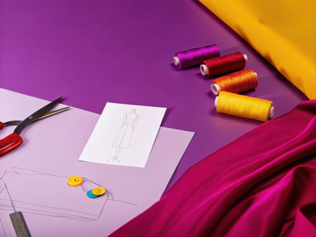 A colorful and inviting image showcasing crafting supplies, including scissors, fabric, threads, and drawing tools, set against a rich purple background. Ideal for illustrating DIY projects and creative endeavors.の素材