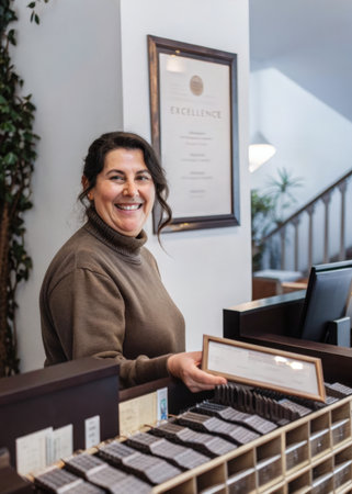 a woman standing behind a counter with a bunch of chocolatesの素材