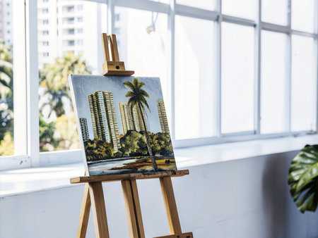 A beautiful cityscape painting sits on an easel, illuminated by a large window. The artwork showcases a vibrant urban scene with palm trees and water, creating a tranquil and inviting atmosphere.の素材