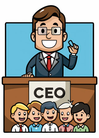 A cheerful cartoon illustration depicts a CEO confidently leading a team through a presentation, emphasizing communication and a positive workplace environment.の素材