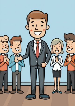 A group of professionals celebrates a significant achievement with enthusiastic clapping and a confident leaderの素材