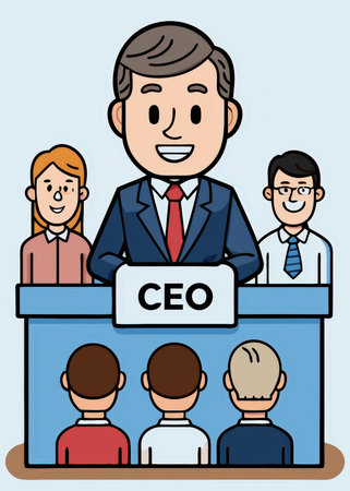 A cheerful cartoon CEO addresses a listening audience, perfect for representing leadership, business, and communication. The illustration offers a positive and clear visual for corporate settings.の素材