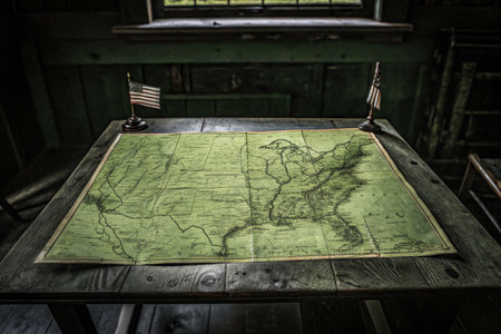 A dramatic image showcases a detailed green map centered on a dark, aged wooden table, accented by two flagsの素材