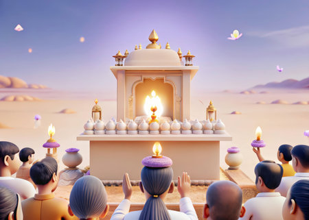 A breathtaking image showcases a grand white stone temple with golden accents, surrounded by sand dunes and a gathering of people in white robes engaged in prayer. It evokes a feeling of serenity and reverence.の素材