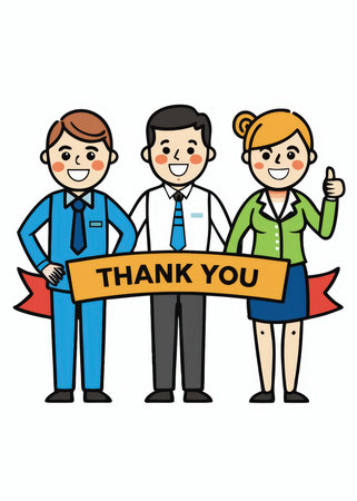 a group of people holding a thank signの素材