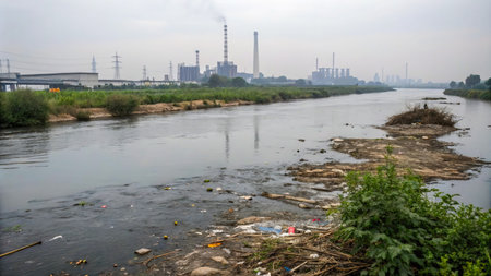 This striking image showcases a polluted river alongside an industrial landscape, highlighting the detrimental effects of industrial activity on waterways. The scene evokes a sense of environmental concern and the stark contrast between nature and industry.の素材