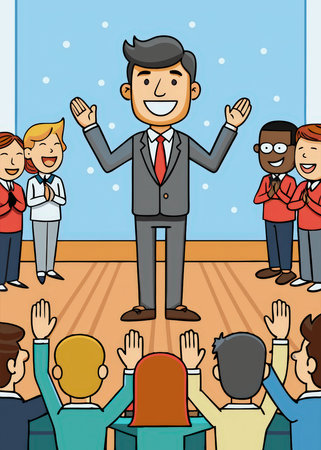 A confident speaker commands attention as a diverse audience enthusiastically participates, creating a vibrant and energetic atmosphere of collaboration and engagement.の素材