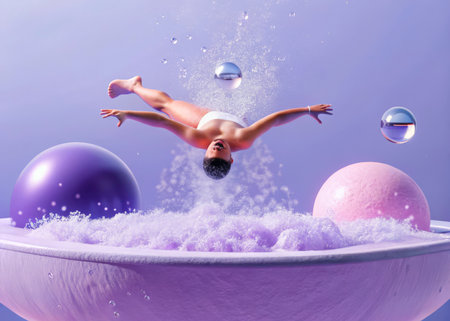 A surreal image featuring a figure immersed in vibrant purple water, surrounded by floating spheres and a gradient background, creating a dreamlike and ethereal atmosphere.の素材