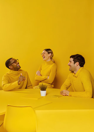 three people sitting at a table with a cup of coffeeの素材