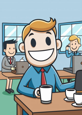 a cartoon man sitting at a desk with a cup of coffeeの素材