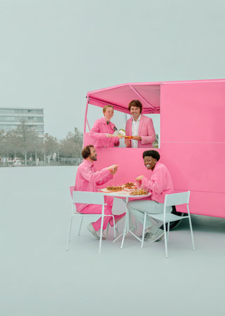 a group of people in pink outfits eating pizzaの素材