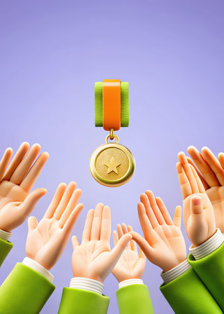 a group of hands holding a gold medalの素材