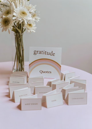 a vase of flowers and a card on a tableの素材