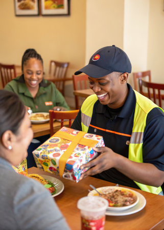 a man and woman sitting at a table with a box of foodの素材