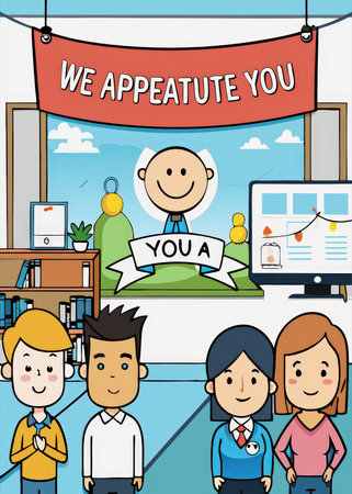 Four adorable cartoon characters stand before a banner proclaimingの素材