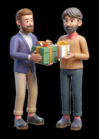 two men holding a box of foodの素材