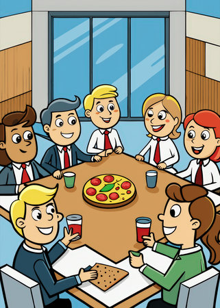 a group of people sitting around a table eating pizzaの素材