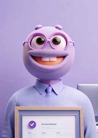 a man holding a certificate in front of a computerの素材