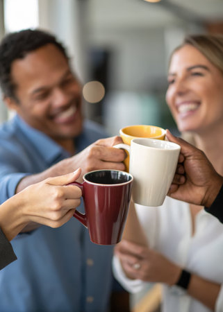 a man and woman holding coffee cupsの素材
