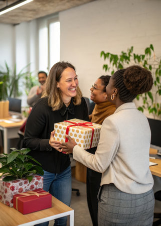 two women are smiling and holding a presentの素材