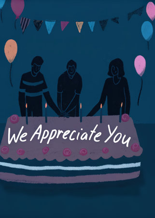 a cake with two people standing on it and the words we appreciate youの素材