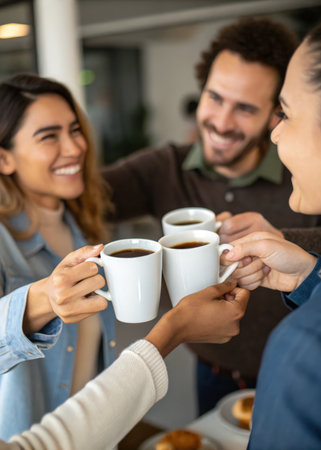 a group of people are having a cup of coffeeの素材