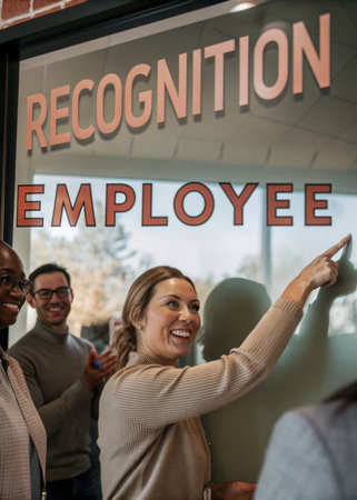 a woman points at a sign that says employee recognitionの素材