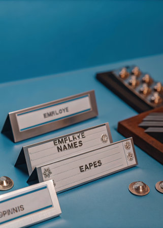 a table with a bunch of silver and silver business cardsの素材