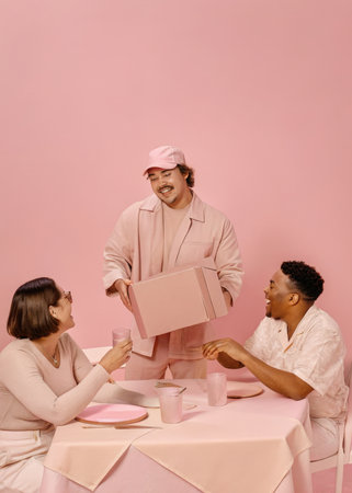 a man in a pink suit and a woman in a pink shirtの素材