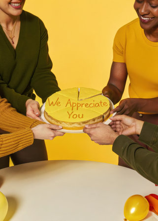 a woman and a man are holding a cakeの素材