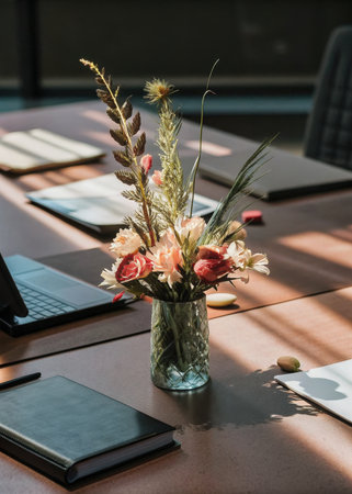 a vase of flowers on a table with a laptopの素材