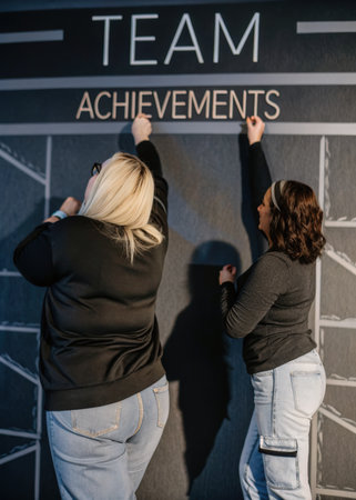 two women are standing in front of a wall that says team achievementsの素材