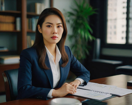 A woman is intently working at her desk, embodying professionalism and concentration within a well-organized office environment. The scene evokes a sense of productivity and focus.の素材